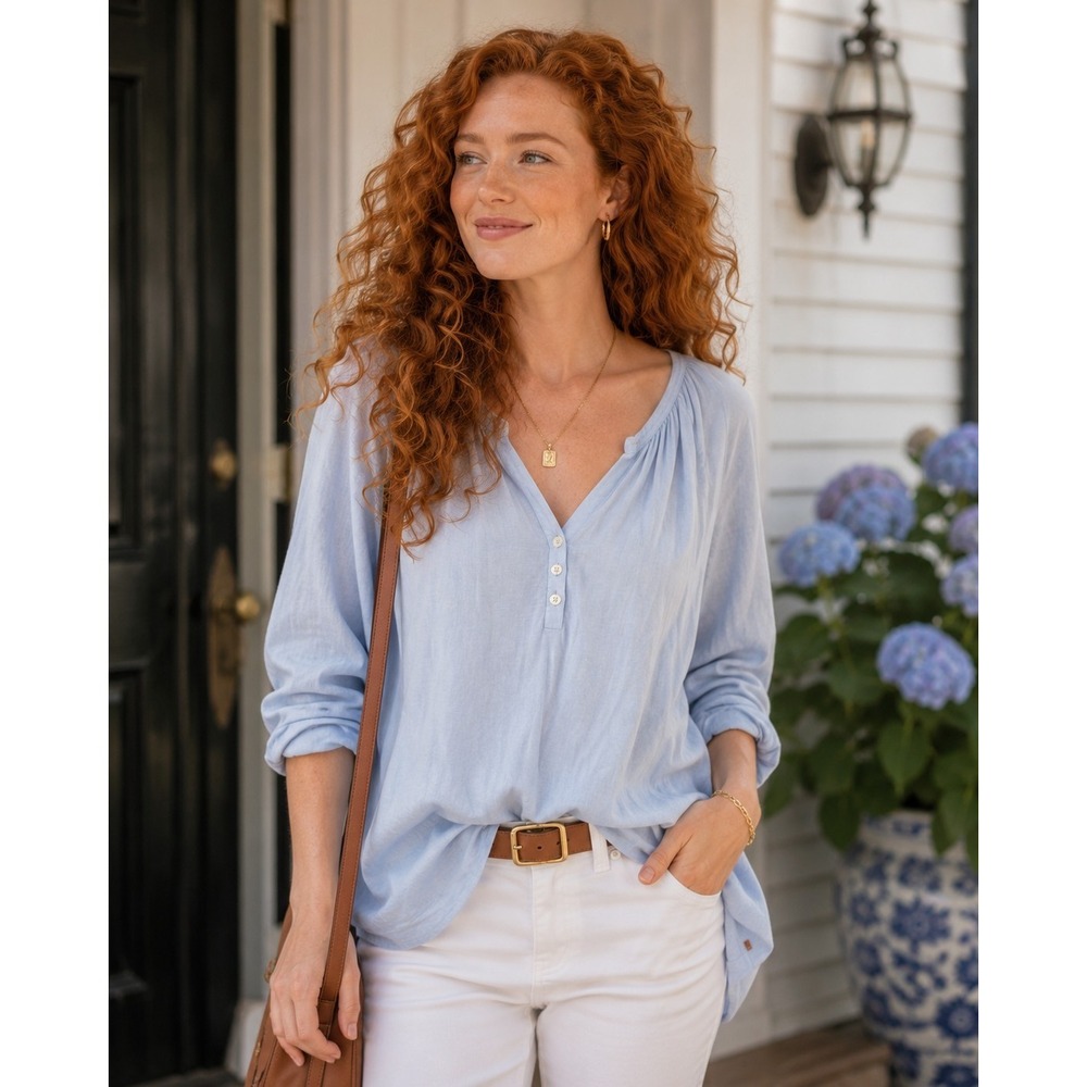 VTG Y2K Polo Ralph Lauren BlueCottonTunic VNeck 3 Button Coastal Quiet Luxury LG
